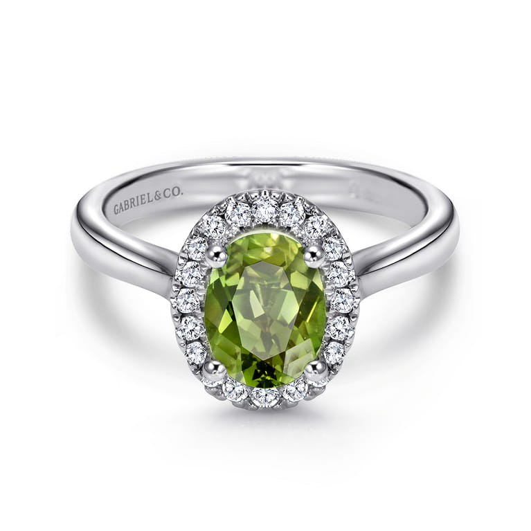 14K White Gold Classic Oval Peridot and Diamond Halo Ring - 0.2 ct - Shot 1