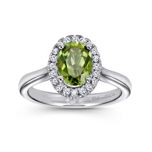 14K White Gold Classic Oval Peridot and Diamond Halo Ring