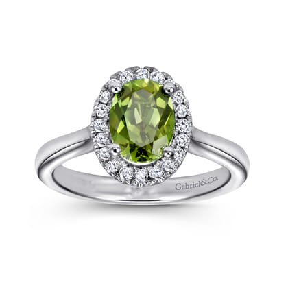 14K White Gold Classic Oval Peridot and Diamond Halo Ring