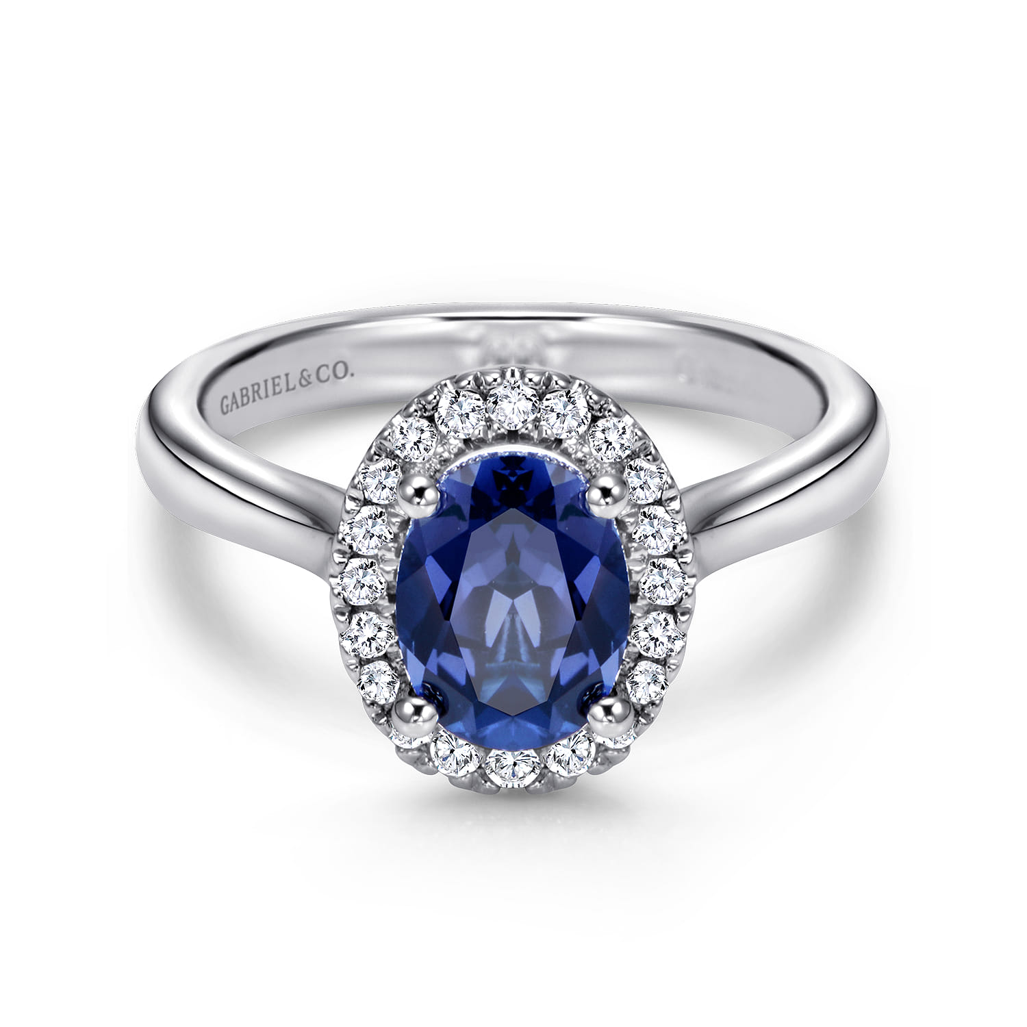 14K White Gold Classic Oval Sapphire and Diamond Halo Ring - 0.21 ct - Shot 1