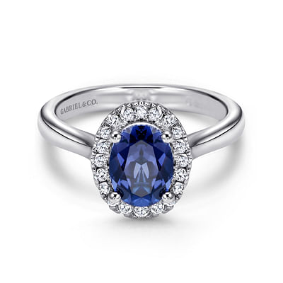14K White Gold Classic Oval Sapphire and Diamond Halo Ring