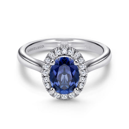 14K White Gold Classic Oval Sapphire and Diamond Halo Ring