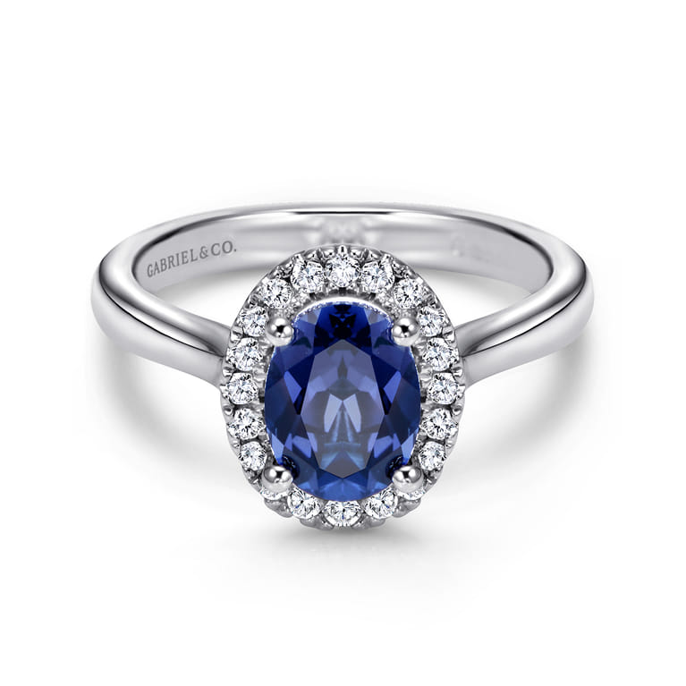 14K White Gold Classic Oval Sapphire and Diamond Halo Ring - 0.21 ct - Shot 1