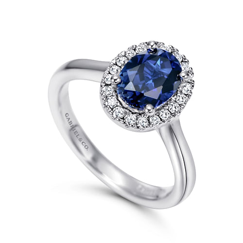 14K White Gold Classic Oval Sapphire and Diamond Halo Ring - 0.21 ct - Shot 3