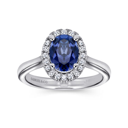 14K White Gold Classic Oval Sapphire and Diamond Halo Ring