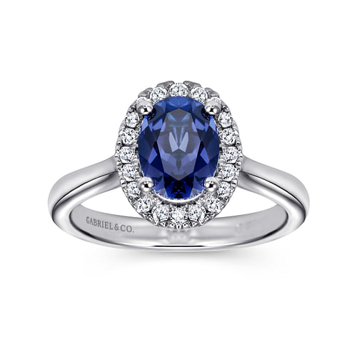 14K White Gold Classic Oval Sapphire and Diamond Halo Ring - 0.21 ct - Shot 4