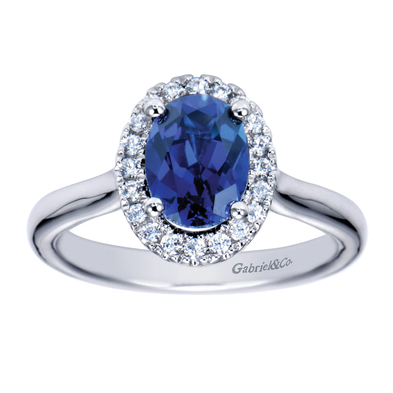 14K White Gold Classic Oval Sapphire and Diamond Halo Ring - 0.21 ct - Shot 5