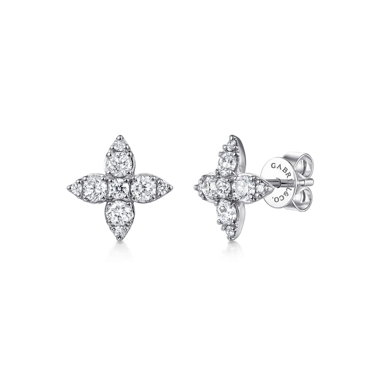 14K White Gold Clover Diamond Stud Earrings - 0.6 ct - Shot 1