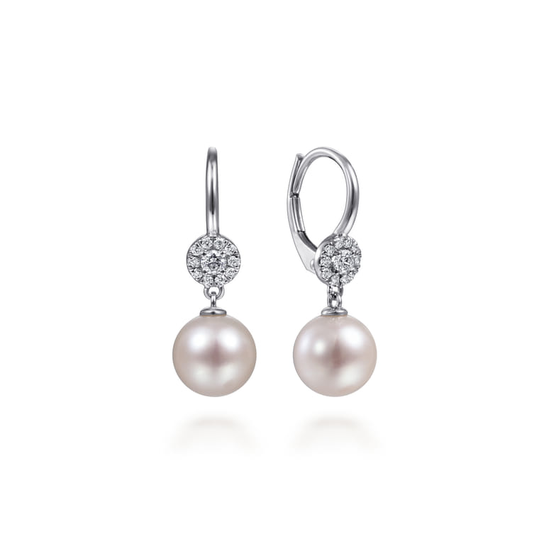 14K White Gold Cluster Diamond Disc and Pearl Drop Earrings - 0.2 ct - Shot 1