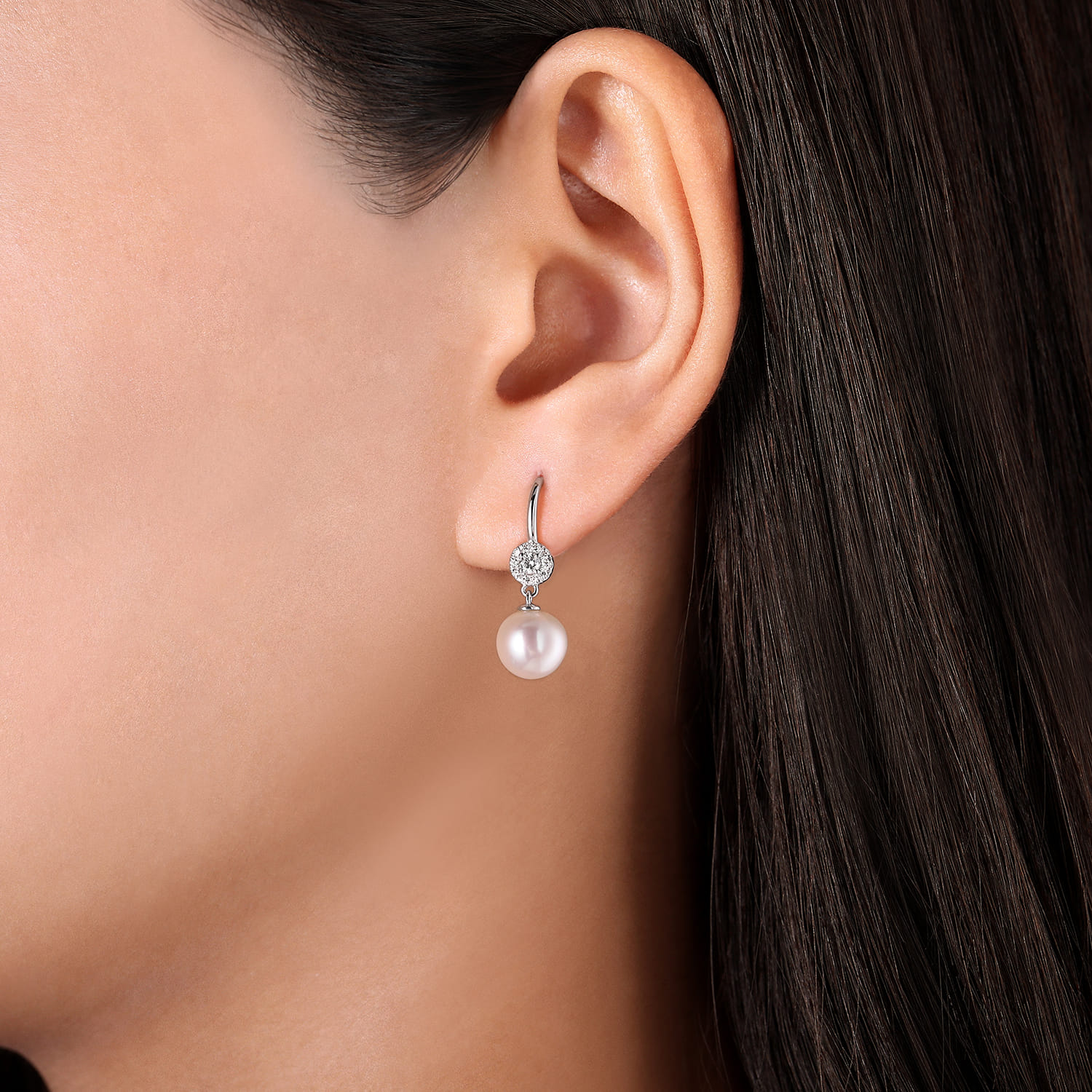 14K White Gold Cluster Diamond Disc and Pearl Drop Earrings - 0.2 ct - Shot 2