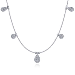 14K White Gold Cluster Diamond Station Necklace