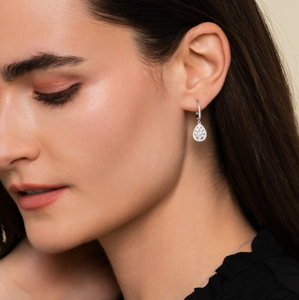 14K White Gold Cluster Diamond Teardrop Earrings - 1 ct - Shot 2