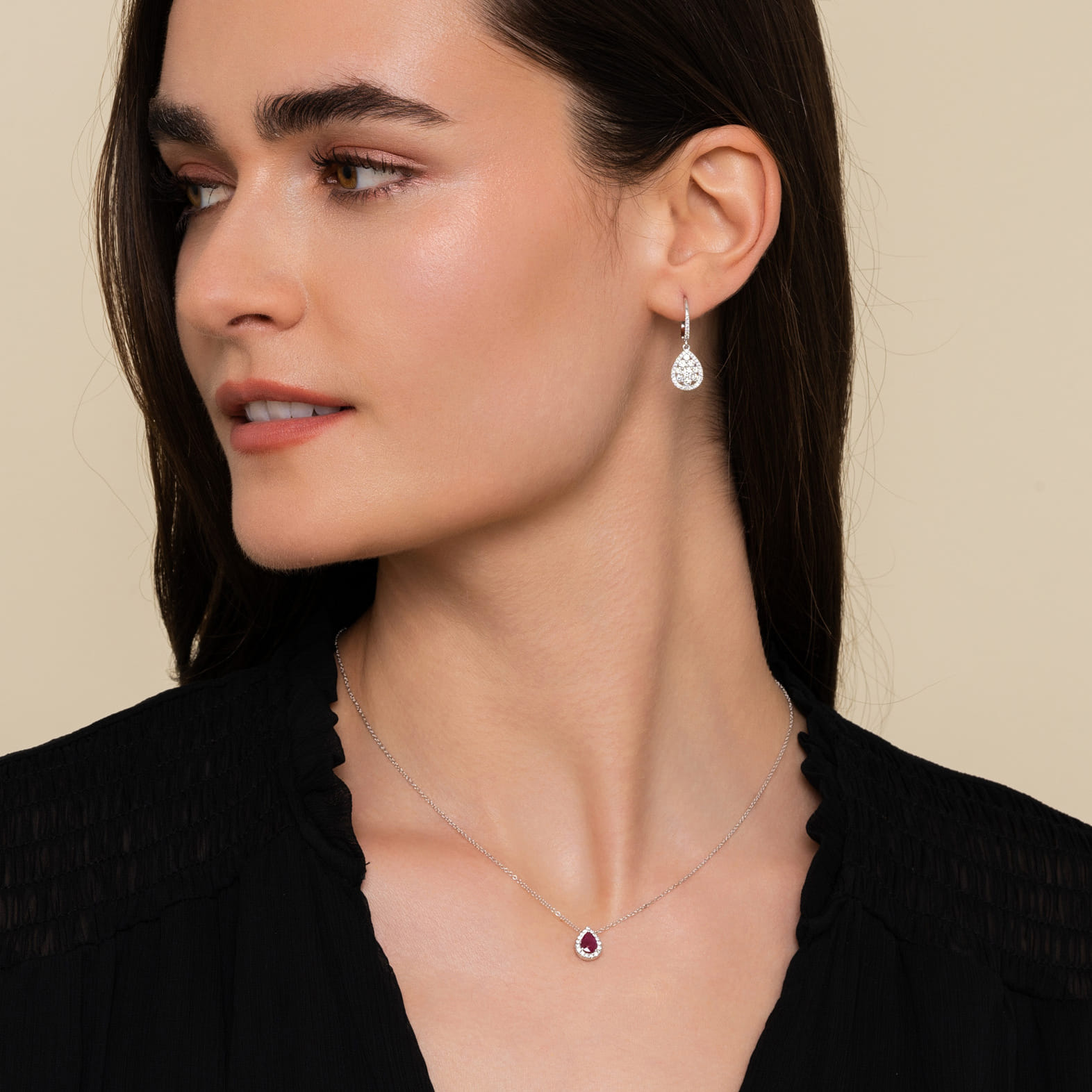 14K White Gold Cluster Diamond Teardrop Earrings - 1 ct - Shot 3