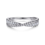 14K White Gold Criss Cross Diamond Anniversary Band with Twisted Rope Detail
