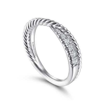 14K White Gold Criss Cross Diamond Anniversary Band with Twisted Rope Detail