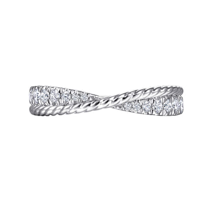 14K White Gold Criss Cross Diamond Anniversary Band with Twisted Rope Detail