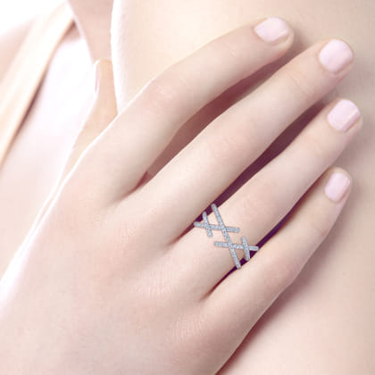 14K White Gold Criss Cross Pave Diamond Ring