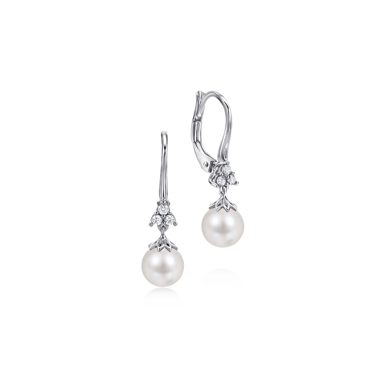 14K White Gold Cultured Pearl Diamond Drop Earrings - 0.15 ct - Shot 1