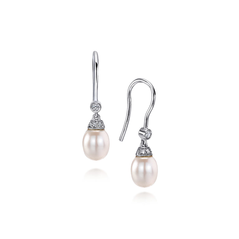 14K White Gold Cultured Pearl Diamond Fish Hook Drop Earrings - 0.06 ct - Shot 1