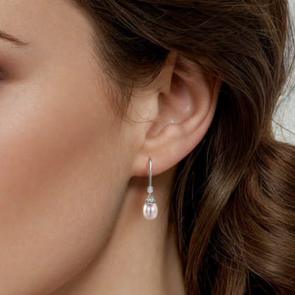 14K White Gold Cultured Pearl Diamond Fish Hook Drop Earrings