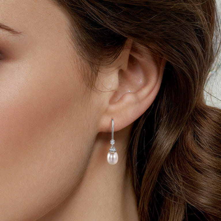 14K White Gold Cultured Pearl Diamond Fish Hook Drop Earrings - 0.06 ct - Shot 2