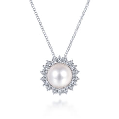 14K White Gold Cultured Pearl Diamond Halo Pendant Necklace