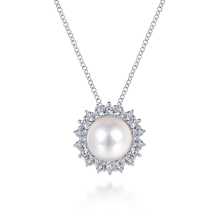 14K White Gold Cultured Pearl Diamond Halo Pendant Necklace - 0.5 ct - Shot 1