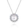 14K White Gold Cultured Pearl Diamond Halo Pendant Necklace - 0.5 ct