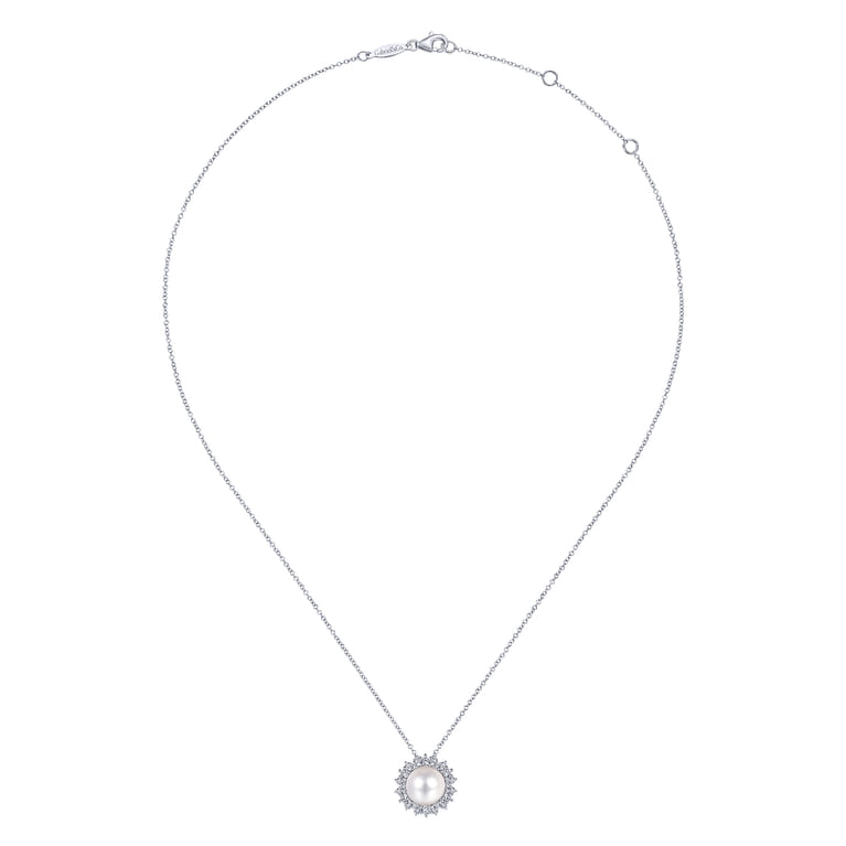 14K White Gold Cultured Pearl Diamond Halo Pendant Necklace - 0.5 ct - Shot 2