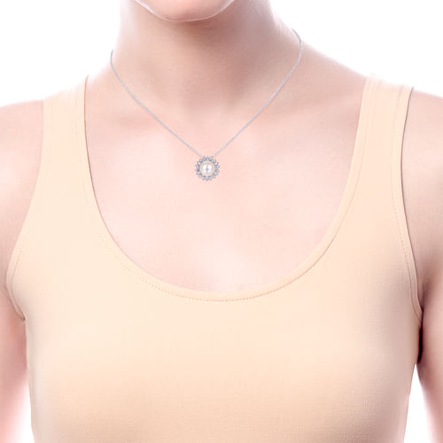 14K White Gold Cultured Pearl Diamond Halo Pendant Necklace - 0.5 ct - Shot 3