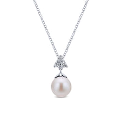 14K White Gold Cultured Pearl Drop Necklace with Diamond Accent