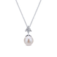 14K White Gold Cultured Pearl Drop Necklace with Diamond Accent
