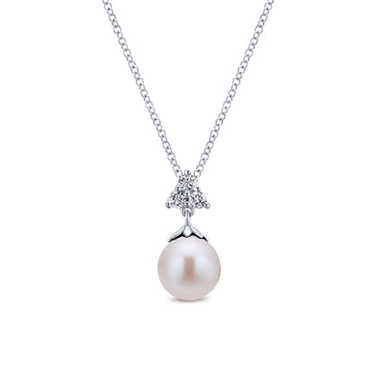 14K White Gold Cultured Pearl Drop Necklace with Diamond Accent