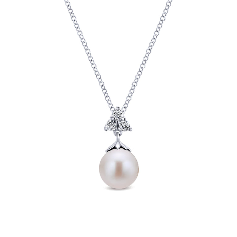 14K White Gold Cultured Pearl Drop Necklace with Diamond Accent - 0.15 ct - Shot 1