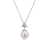 14K White Gold Cultured Pearl Drop Necklace with Diamond Accent - 0.15 ct