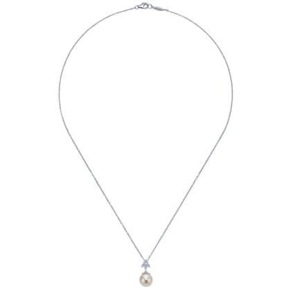 14K White Gold Cultured Pearl Drop Necklace with Diamond Accent