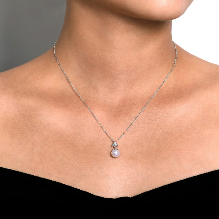 14K White Gold Cultured Pearl Drop Necklace with Diamond Accent - 0.15 ct - Shot 3