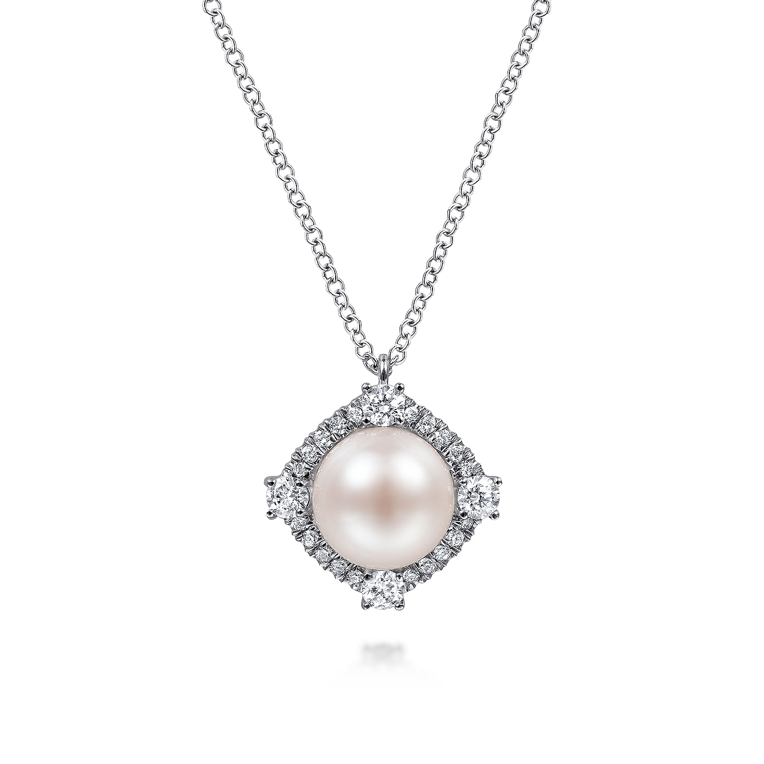 14K White Gold Cultured Pearl Pendant Necklace with Diamond Halo