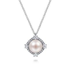 14K White Gold Cultured Pearl Pendant Necklace with Diamond Halo