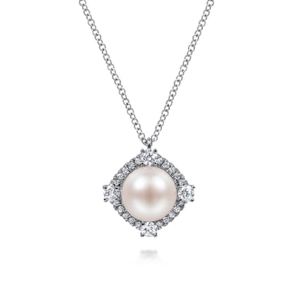 14K White Gold Cultured Pearl Pendant Necklace with Diamond Halo