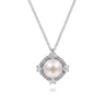 14K White Gold Cultured Pearl Pendant Necklace with Diamond Halo - 0.3 ct