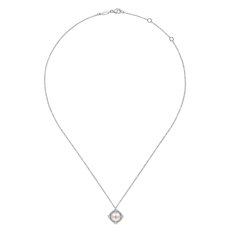 14K White Gold Cultured Pearl Pendant Necklace with Diamond Halo - 0.3 ct - Shot 2