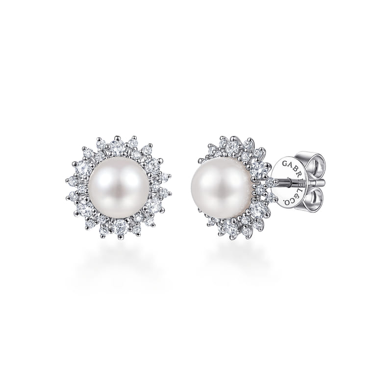 14K White Gold Cultured Pearl Scalloped Diamond Halo Stud Earrings - 0.4 ct - Shot 1