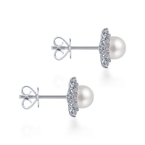 14K White Gold Cultured Pearl Scalloped Diamond Halo Stud Earrings - 0.4 ct - Shot 3