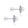 14K White Gold Cultured Pearl Scalloped Diamond Halo Stud Earrings - 0.4 ct