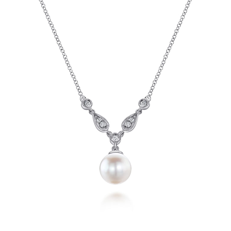 14K White Gold Cultured Pearl and Diamond Accent Necklace - 0.08 ct - Shot 1
