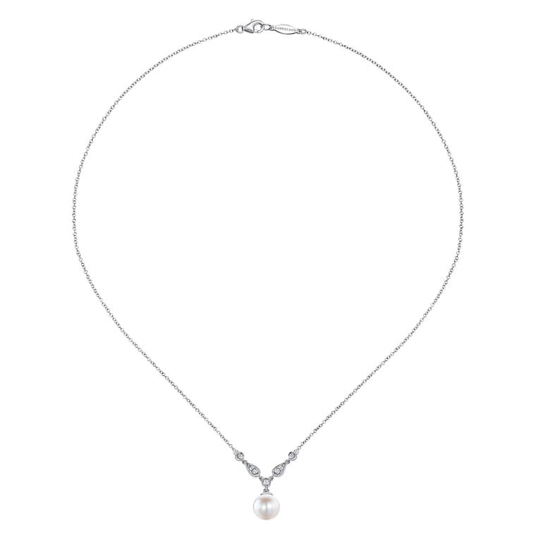 14K White Gold Cultured Pearl and Diamond Accent Necklace - 0.08 ct - Shot 2