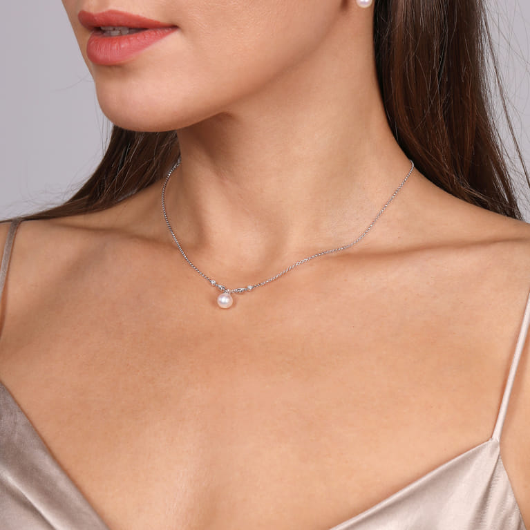 14K White Gold Cultured Pearl and Diamond Accent Necklace - 0.08 ct - Shot 3