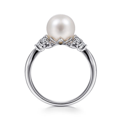 14K White Gold Cultured Pearl and Diamond Cluster Ring