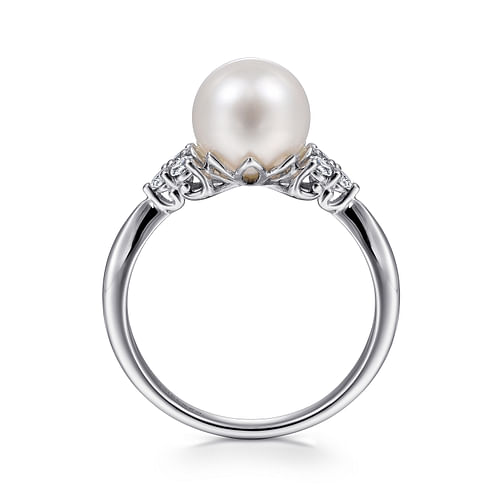 14K White Gold Cultured Pearl and Diamond Cluster Ring - 0.18 ct - Shot 2